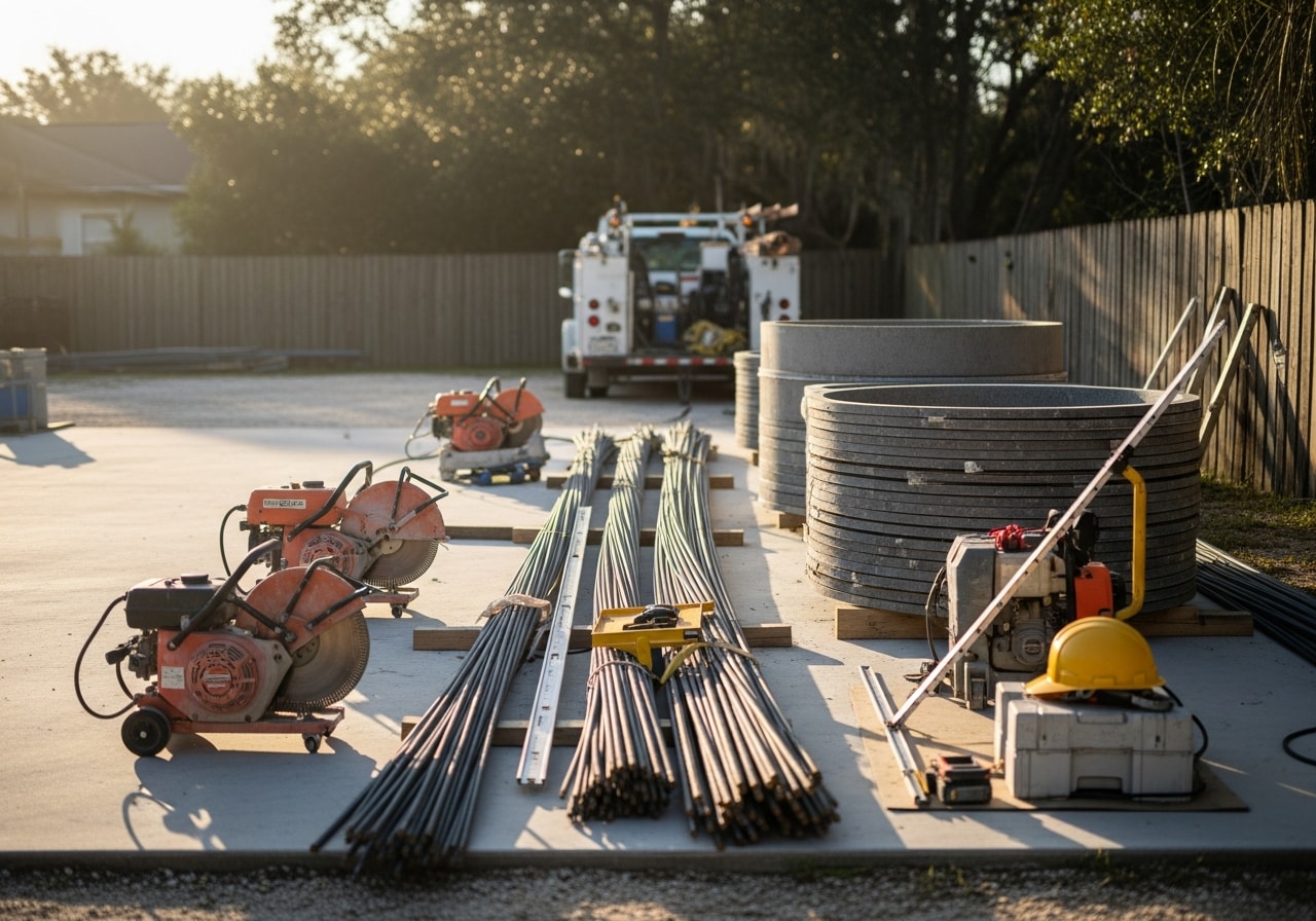 Pool construction crew and equipment on a residential job site, showcasing tools and materials for custom pool building.