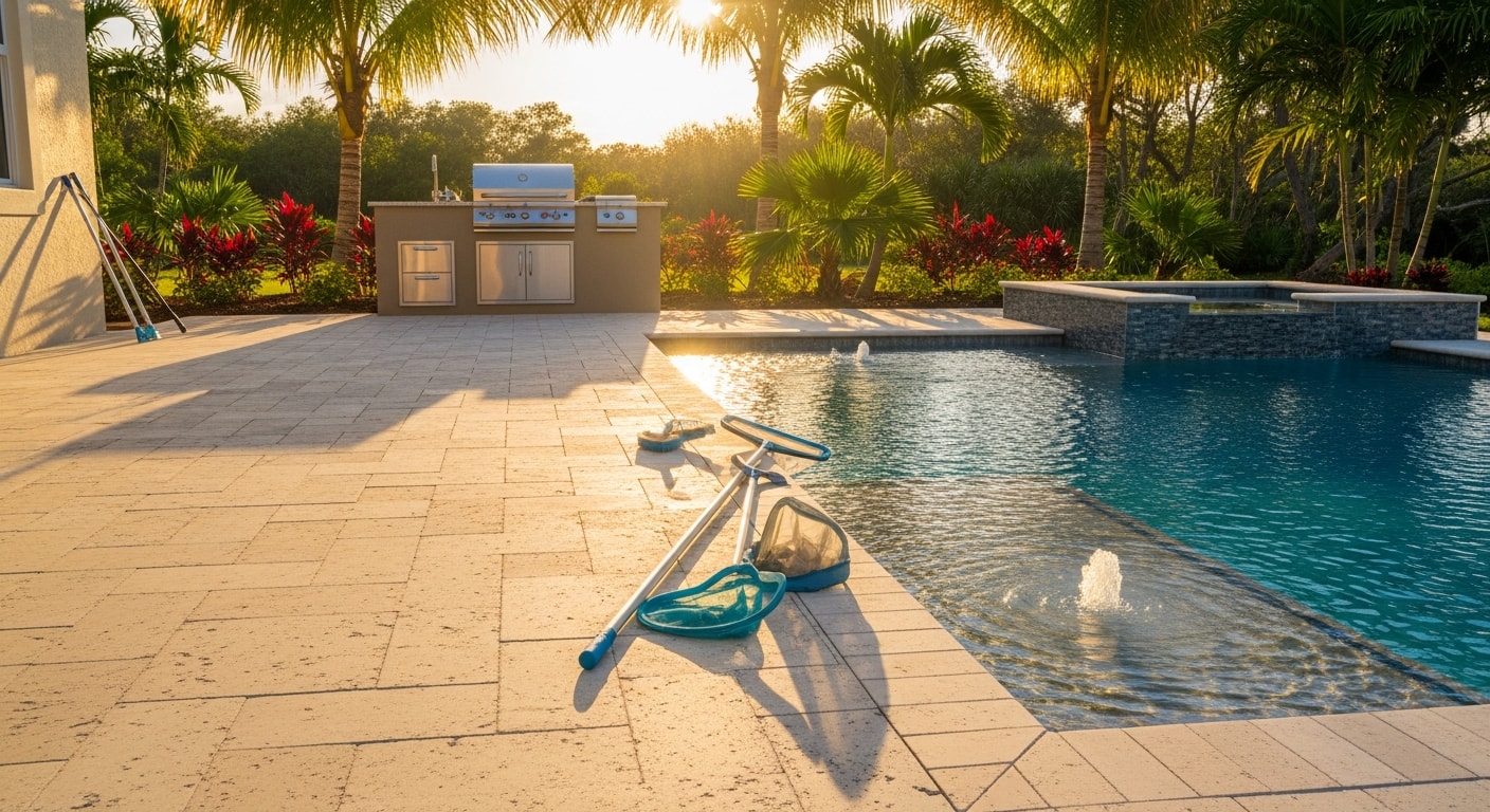 Outdoor kitchen and patio area with pool deck