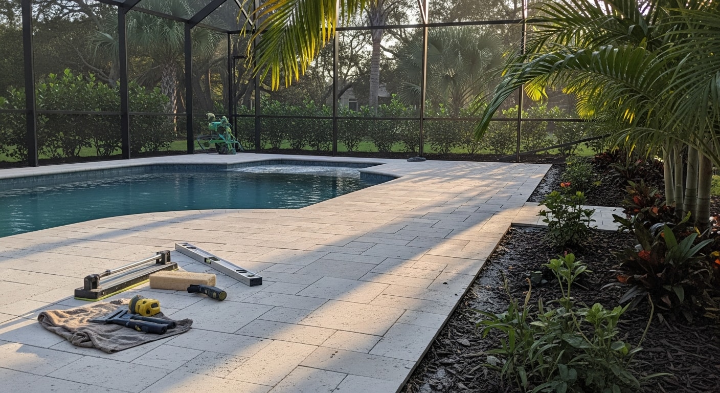 Screened patio with tile flooring adjacent to pool