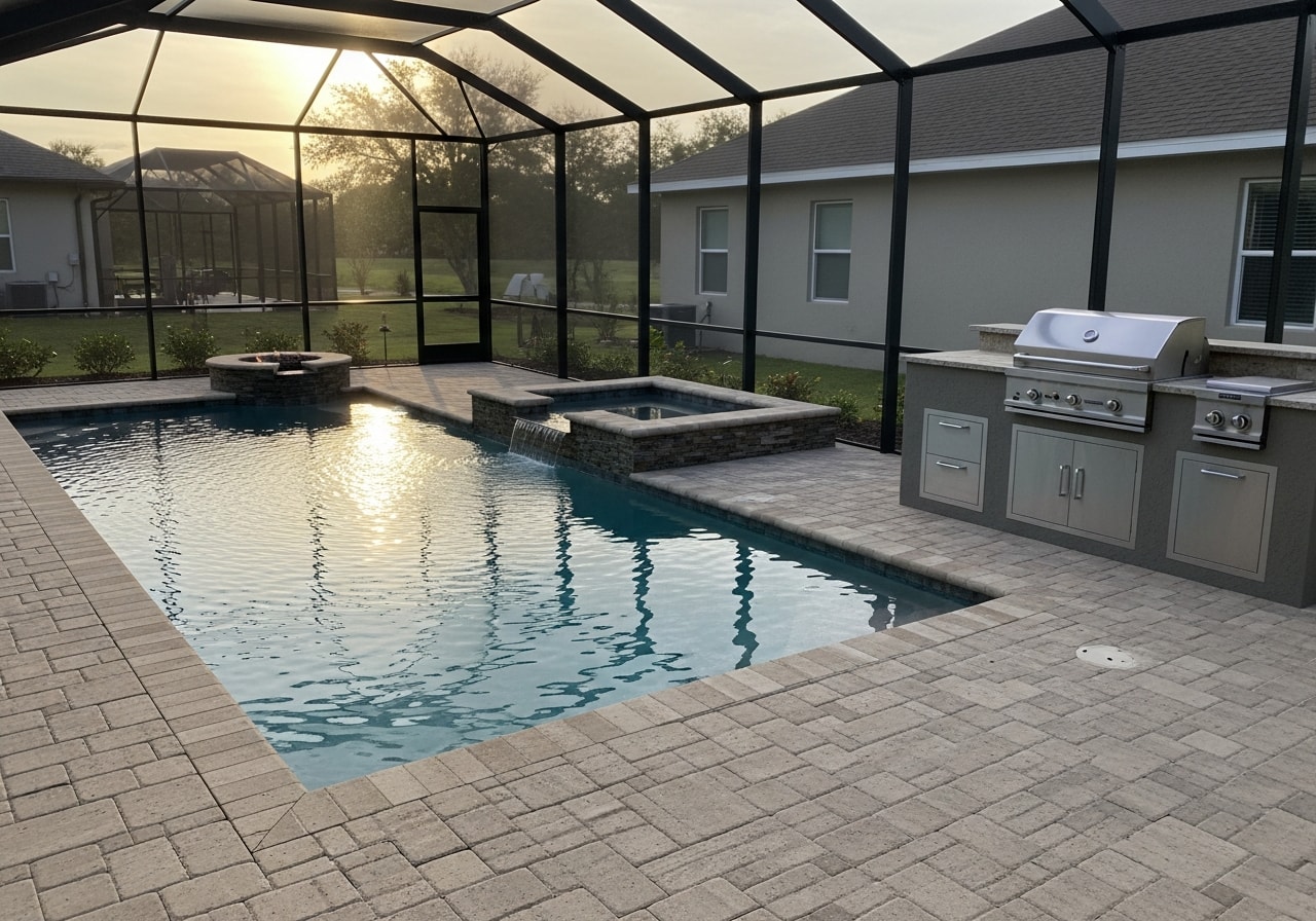 New swimming pool with integrated spa, outdoor kitchen, screened enclosure, and fire bowl in Ormond Beach