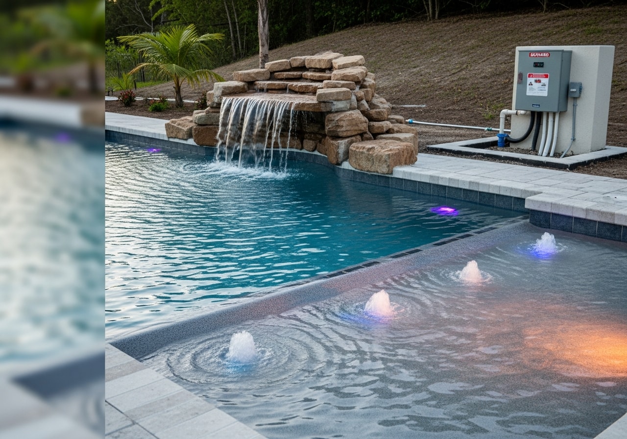 New saltwater swimming pool with rock waterfall, LED lighting, and sunshelf in Port Orange