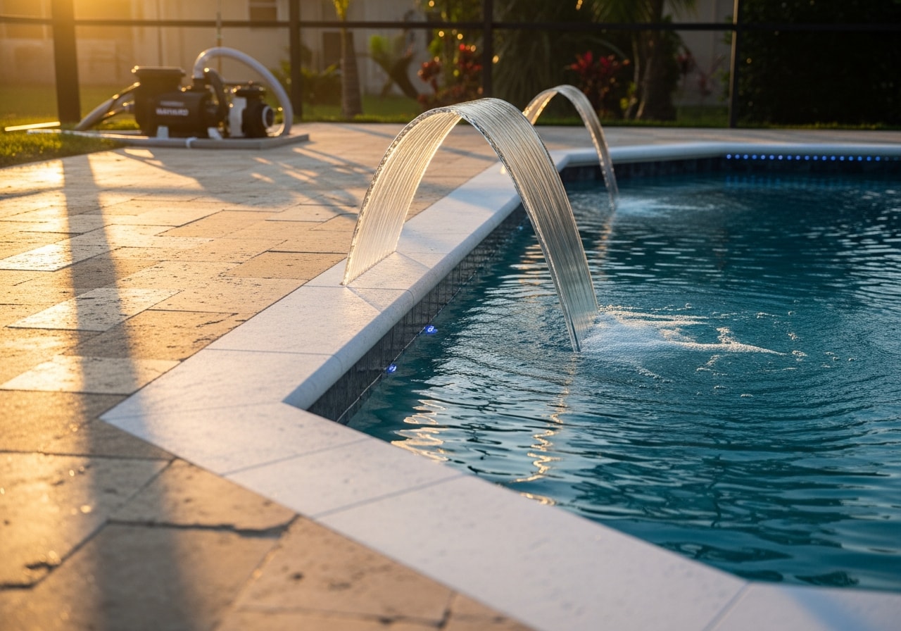 Renovated swimming pool with sheer descent waterfall, new travertine deck, and LED lighting in Daytona Beach