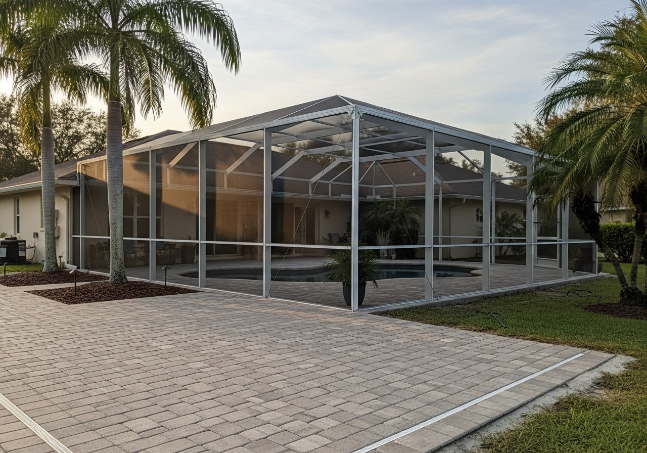 Aluminum screen enclosure with permeable paver deck and landscape lighting in Rockledge