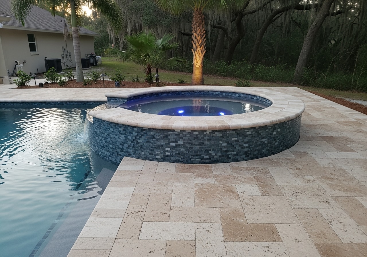 New spa with travertine deck renovation and integrated LED lighting in Titusville