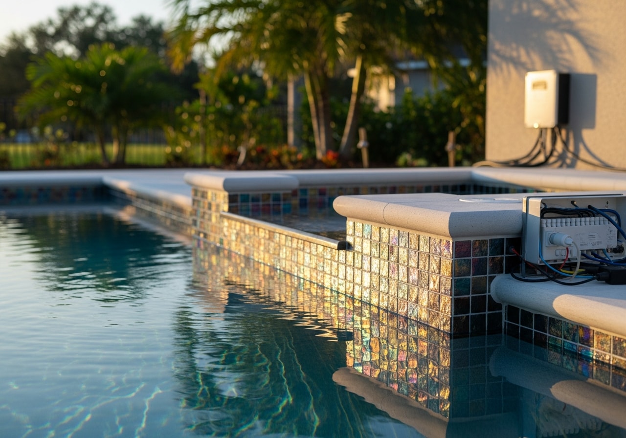 New sunshelf with glass tile accents and automated pool controls in Palm Coast residence