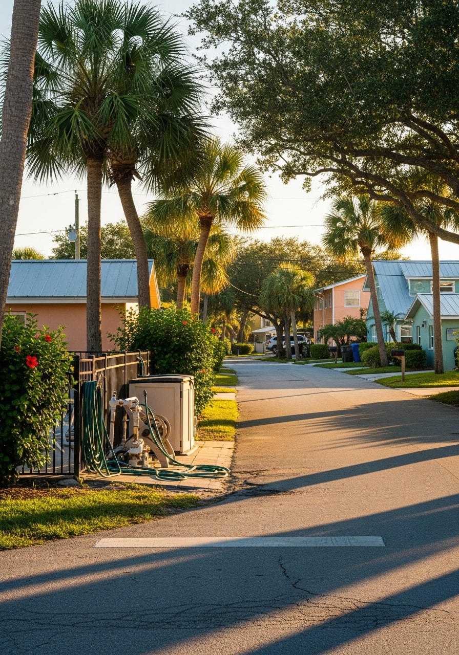 Daytona Beach residential neighborhood with palm-lined street and mixed single-family and multi-unit homes.