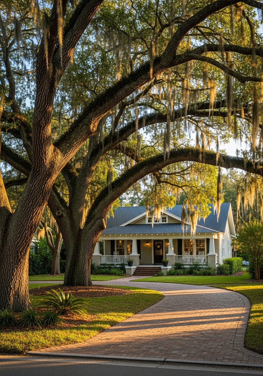 DeLand residential neighborhood with historic home, mature oak trees, and established landscaping.