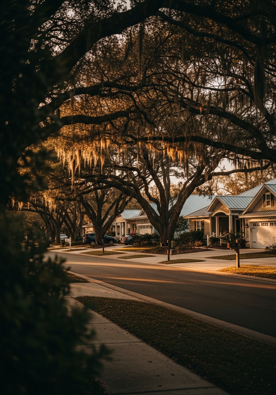 Flagler Beach residential street lined with single-family homes and mature vegetation near the beach.
