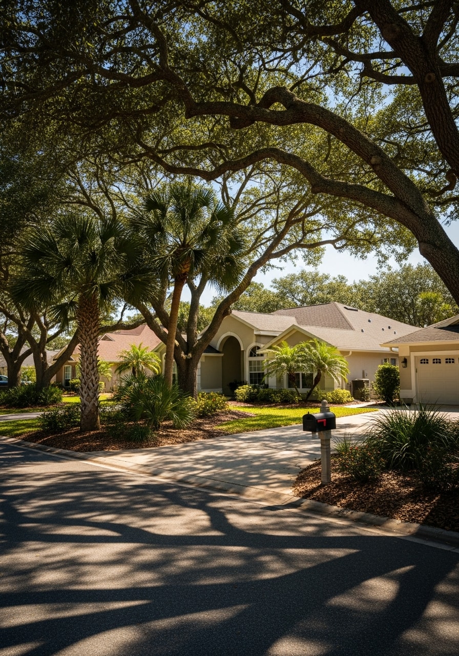 Palm Coast golf course community home with water view and mature vegetation surrounding the property.