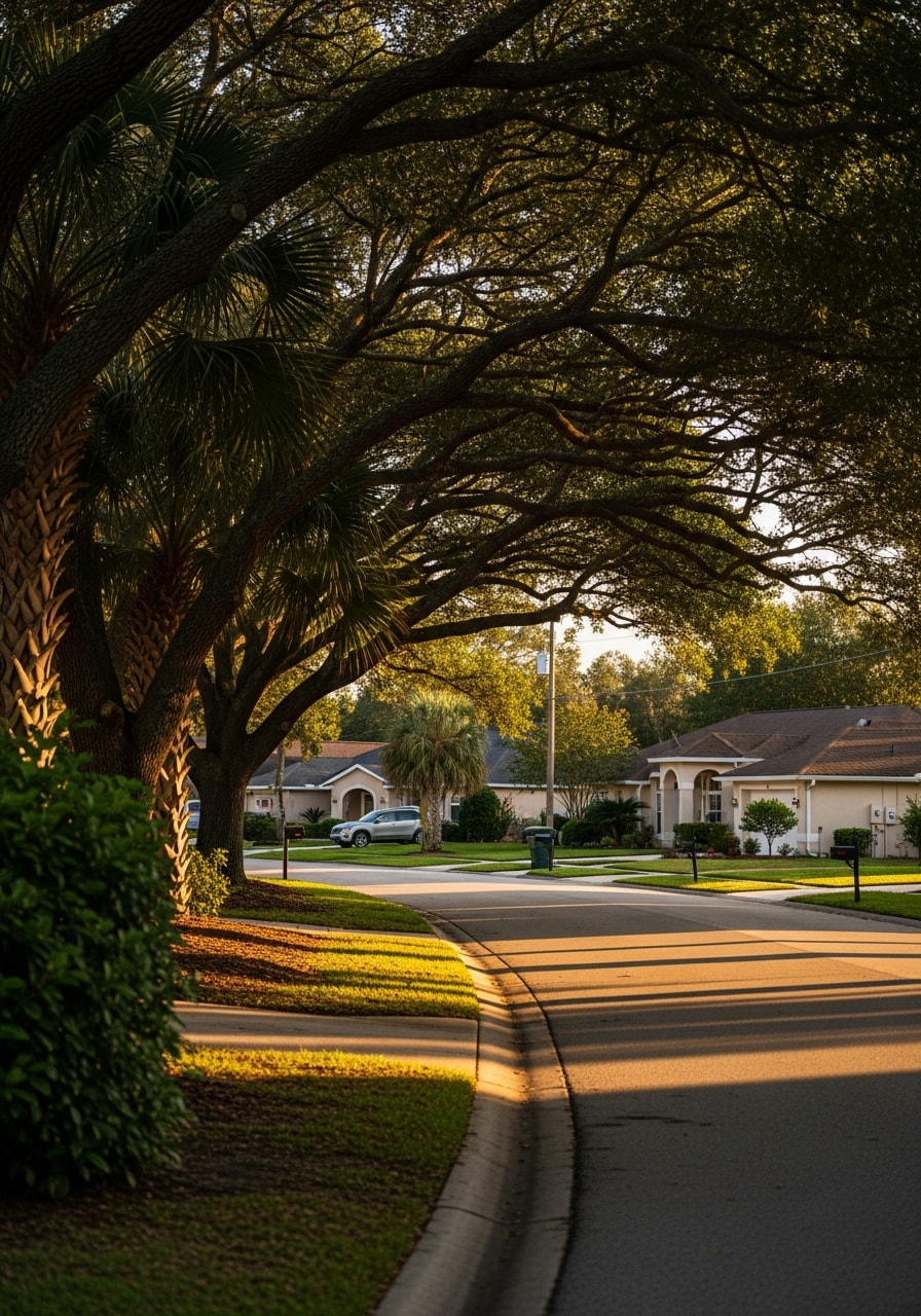 Titusville residential neighborhood with single-family homes, mature trees, and quiet street setting.