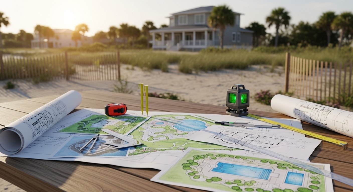 A pool contractor reviewing a custom pool design plan with a Flagler Beach homeowner in a coastal Florida backyard. The consultation shows a site layout drawing with a freeform pool shape, decking area, and equipment placement marked for a sandy lot near the Atlantic coast.
