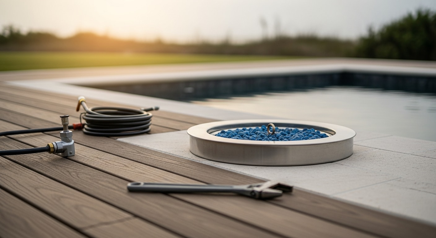 A gas fire bowl installed at the edge of a pool deck in Flagler Beach, Florida, with a lit flame visible against a coastal evening backdrop. The bowl sits flush with a paver surround and seating area as part of a completed outdoor living space.