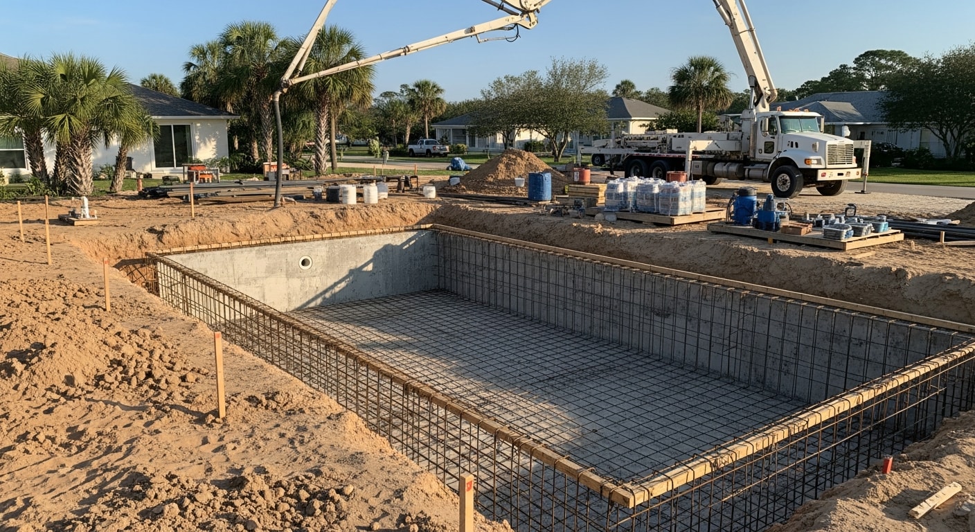 A finished custom inground pool with clean coping lines and a poured deck in a Flagler Beach residential backyard. The pool is surrounded by Florida-appropriate landscaping with the coastal sky visible in the background.