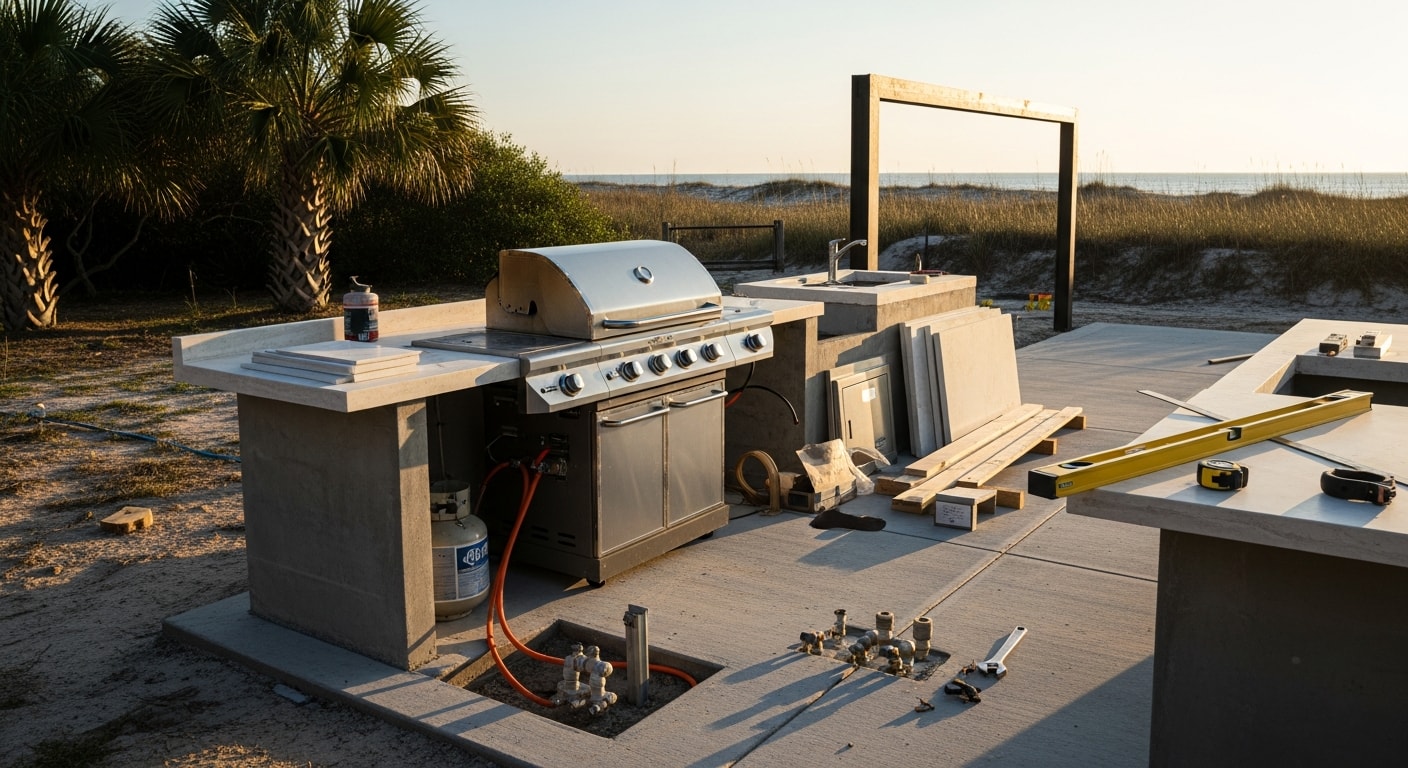 A custom outdoor kitchen installed in a Flagler Beach, Florida backyard, featuring a built-in grill station, stone countertops, and a covered shade structure adjacent to a pool deck. The setup reflects coastal construction suited to Florida's salt air and humidity.
