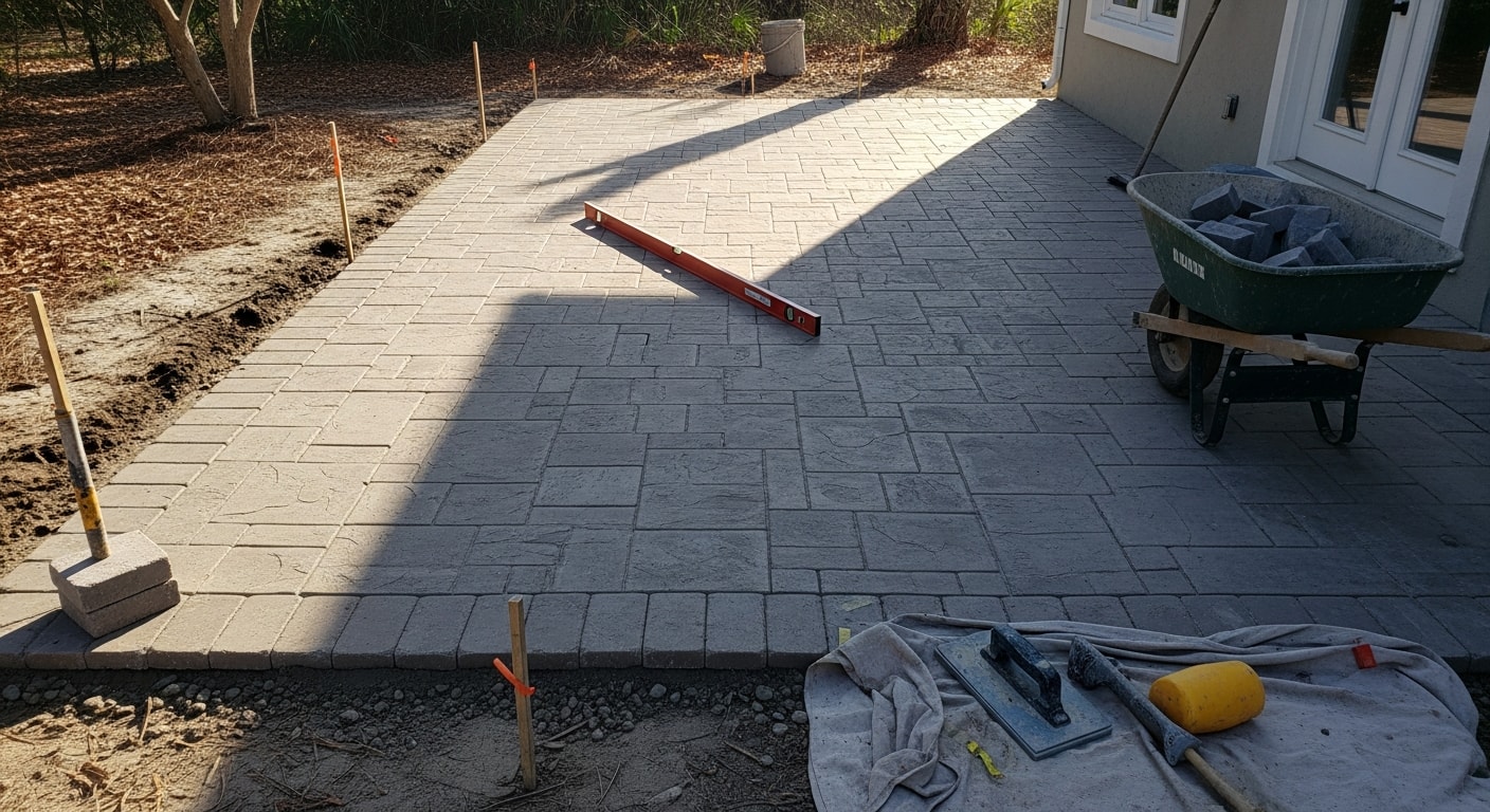 Renovated backyard patio in Flagler Beach, Florida, featuring a level paver surface with clean grout lines adjacent to a residential pool deck. Coastal landscaping and an open sky are visible in the background.