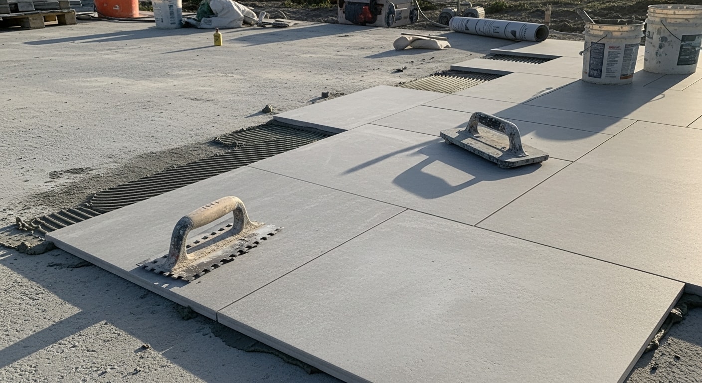 Freshly installed outdoor patio tile on a coastal Flagler Beach home, showing slip-resistant tile laid in a clean grid pattern with tight grout lines. The patio connects to a backyard pool area under bright Florida sunlight.