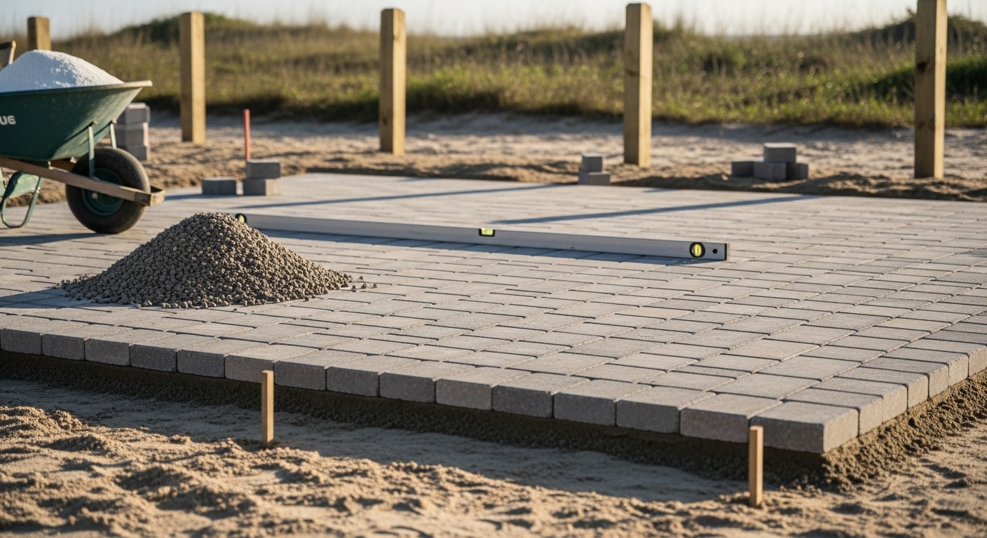 Newly installed paver pool deck and patio at a Flagler Beach home, featuring a clean layout with tight joints and a sealed surface surrounding an in-ground pool. The coastal outdoor living space includes a walkway connecting the patio to the backyard.