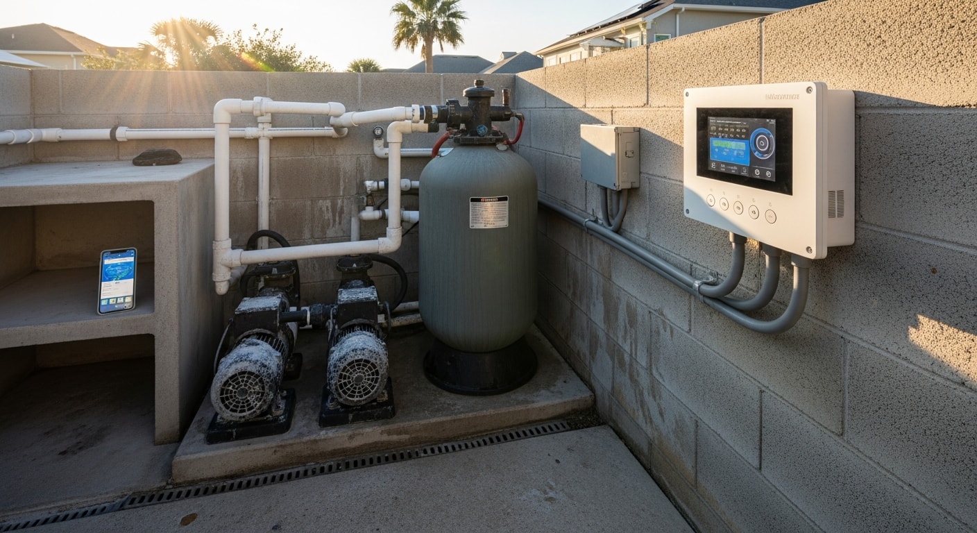 A residential pool equipment pad in Flagler Beach, Florida with a newly installed automation controller mounted and wired to the pump, heater, and filtration system. A homeowner views the connected smartphone app showing live pool status in a coastal backyard setting.