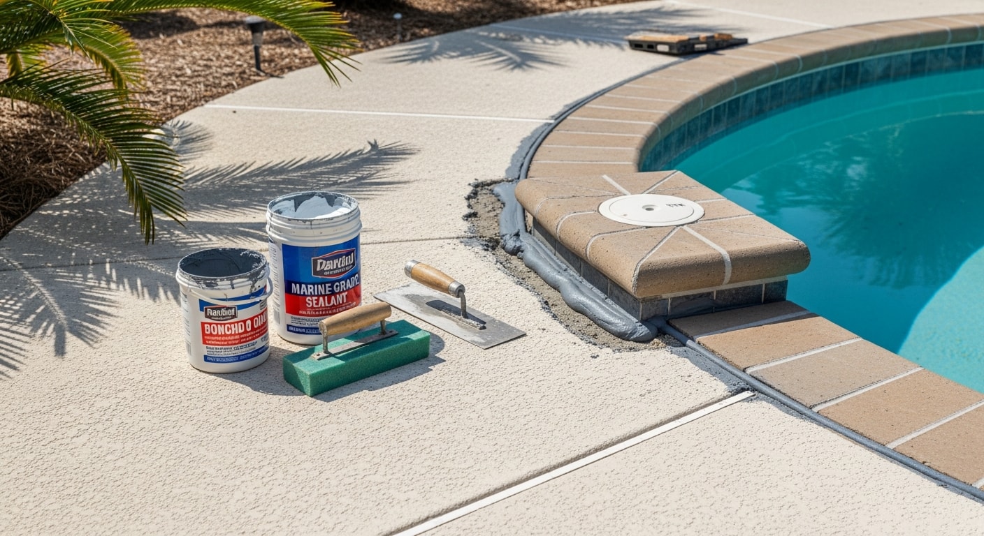 Close-up of repaired pool coping along the edge of a residential inground pool in Flagler Beach, Florida, showing reset stone units and freshly sealed joints with the pool deck visible in the background. The coastal backyard setting reflects the salt air and sun exposure typical of Flagler Beach properties.