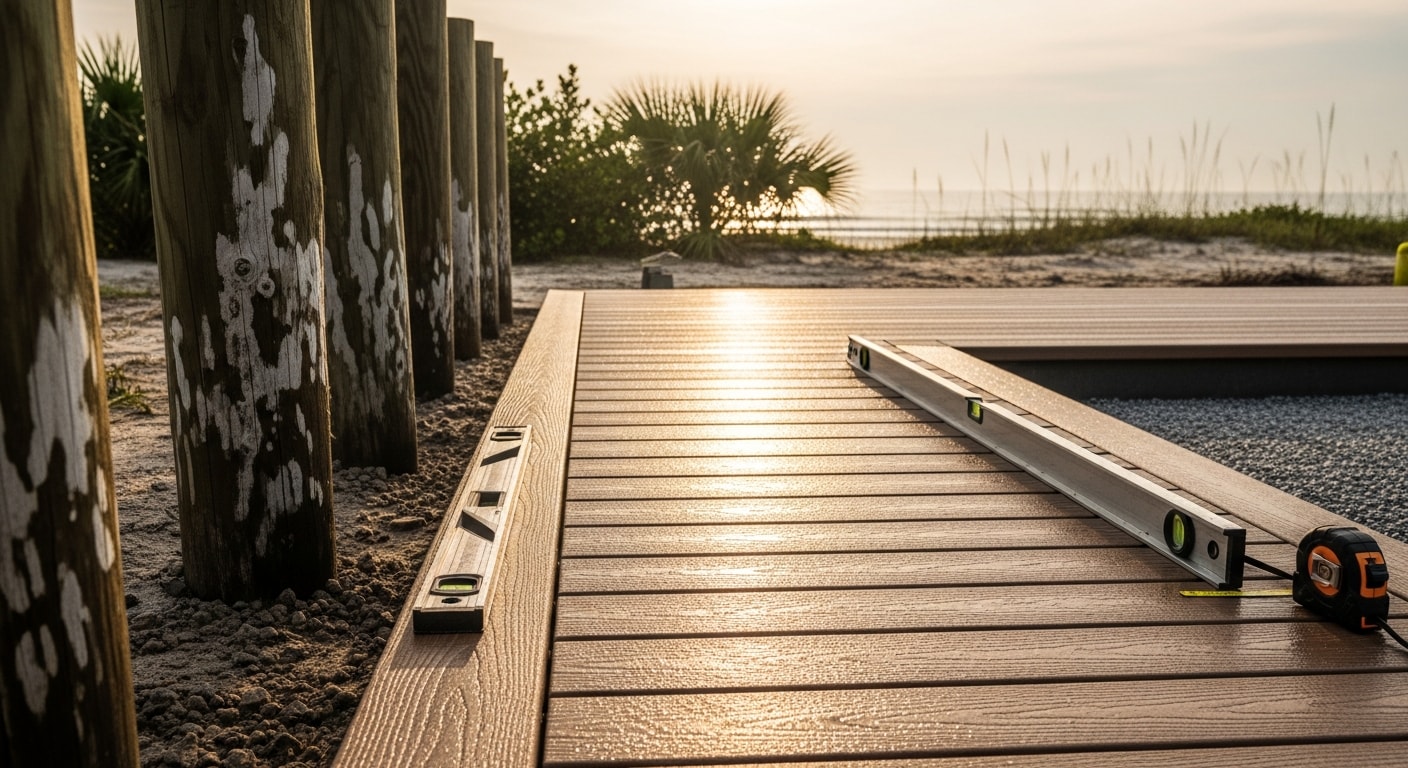 A finished pool deck installation at a Flagler Beach, Florida residential property, showing a smooth, light-colored surface surrounding an inground pool with clear drainage slope and coastal landscaping in the background. The deck surface reflects the bright Florida sun while remaining visually cool and clean against the pool's water line.