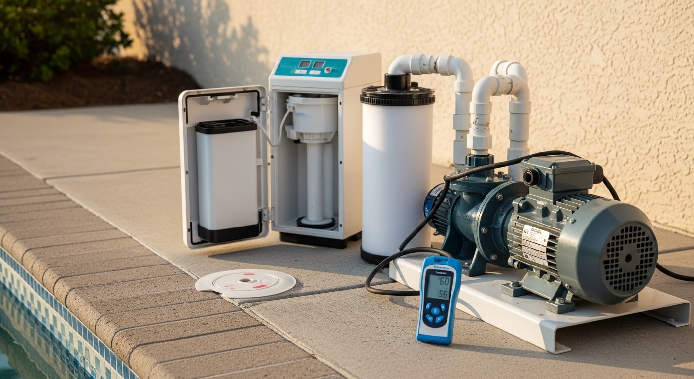 A pool equipment pad in Flagler Beach, Florida showing a pump, filter, and salt chlorine generator being inspected by a pool technician. Coastal vegetation and a residential backyard are visible in the background.