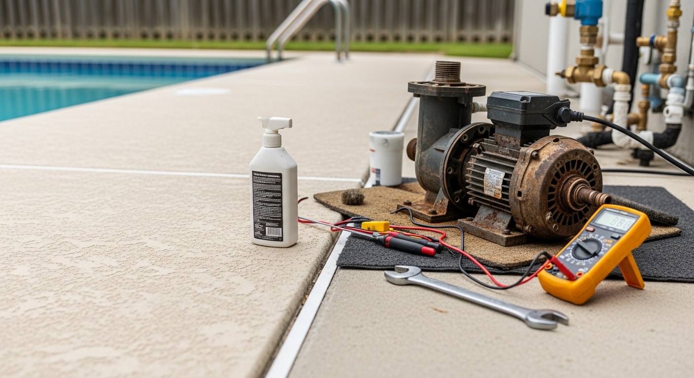 A pool equipment pad in Flagler Beach, Florida showing a repaired pump, filter, and salt chlorinator system mounted on a concrete slab beside a residential inground pool. Close-up view of corrosion-checked fittings and clean electrical connections on coastal pool equipment.