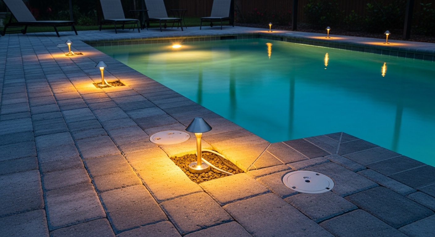 Illuminated in-ground pool at a Flagler Beach residential property at dusk, with underwater LED fixtures lighting the full pool floor and deck lighting visible along the surrounding patio. Coastal backyard setting with a screen enclosure framing the pool area.