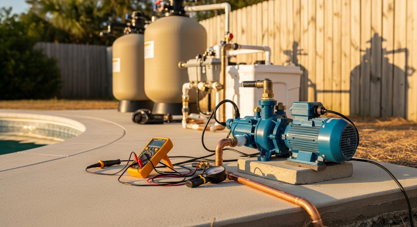 A newly installed pool pump on an outdoor equipment pad at a Flagler Beach residential property, with clean plumbing connections and a clear pump basket visible. The surrounding concrete pad shows a coastal Florida backyard setting with the pool in the background.