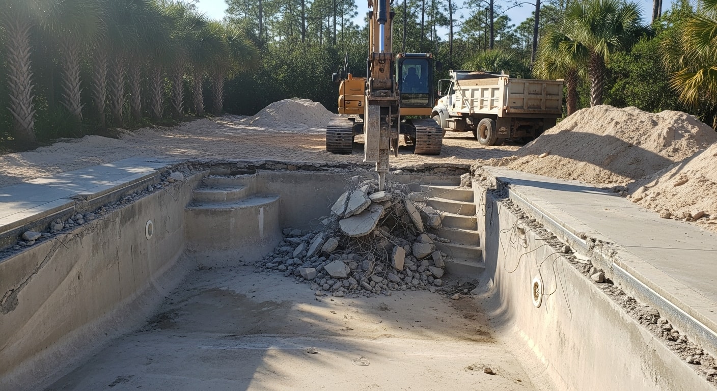 A leveled and graded backyard in Flagler Beach, Florida, where an inground pool has been fully removed and the area backfilled with compacted soil. The cleared space shows a smooth, flat surface ready for lawn or patio use.
