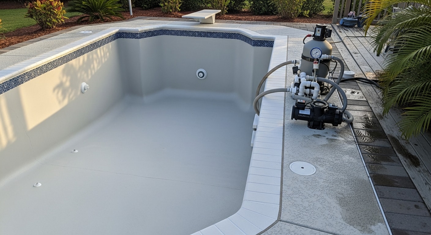 A resurfaced backyard pool with new tile and coping at a Flagler Beach, Florida home, showing a smooth interior finish and updated pool deck under clear coastal sunlight.