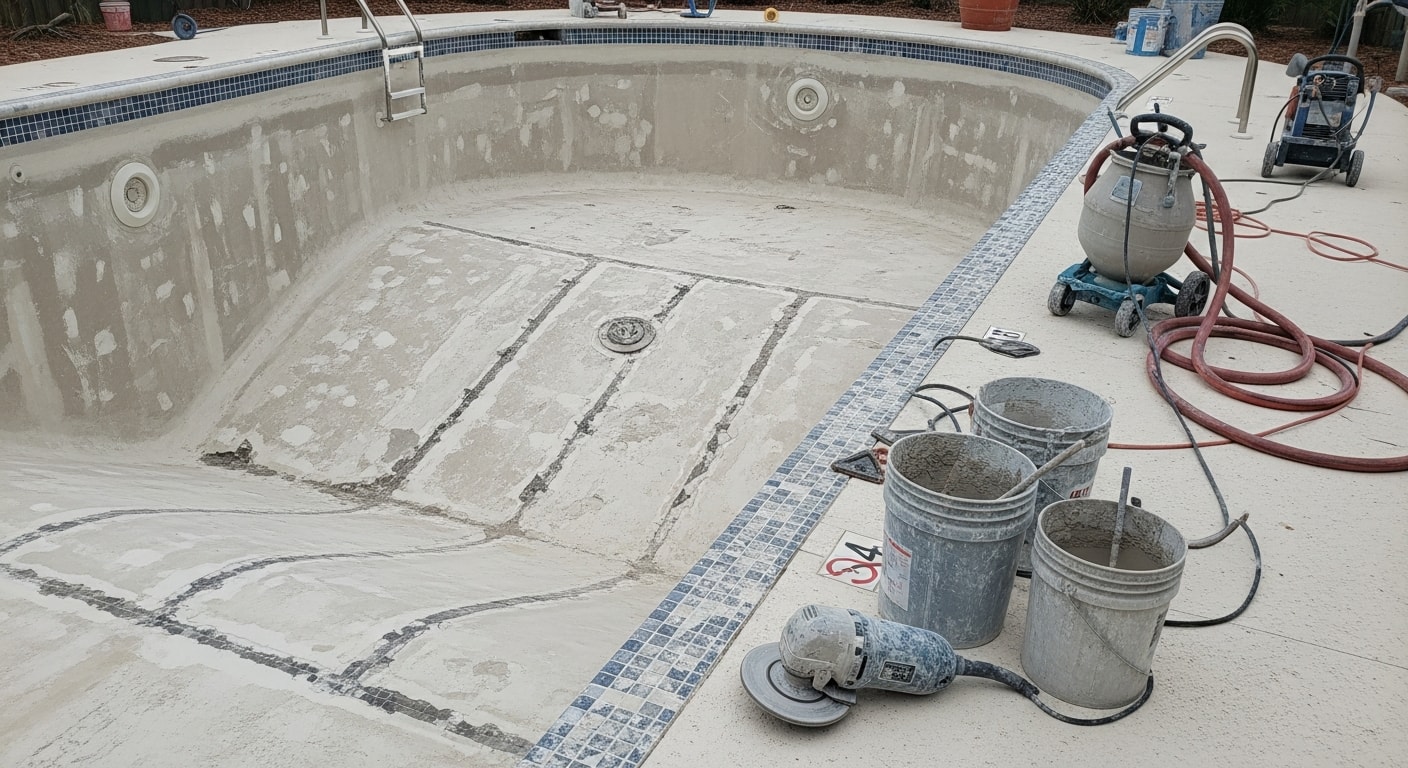 A freshly resurfaced inground pool interior in Flagler Beach, Florida, showing a smooth, evenly finished surface with clear water. The pool sits in a residential backyard typical of Flagler County's coastal neighborhood setting.