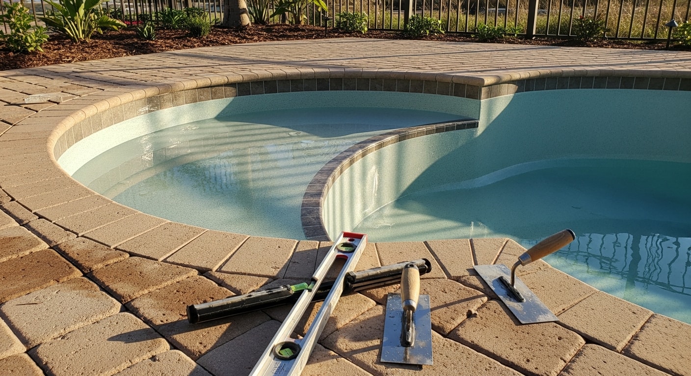 A custom sunshelf installed at the entry of an inground pool in a Flagler Beach backyard, with two in-pool lounge chairs sitting in shallow water under a clear Florida sky. The shallow ledge transitions smoothly into the deeper pool area, with a travertine deck visible along the pool edge.